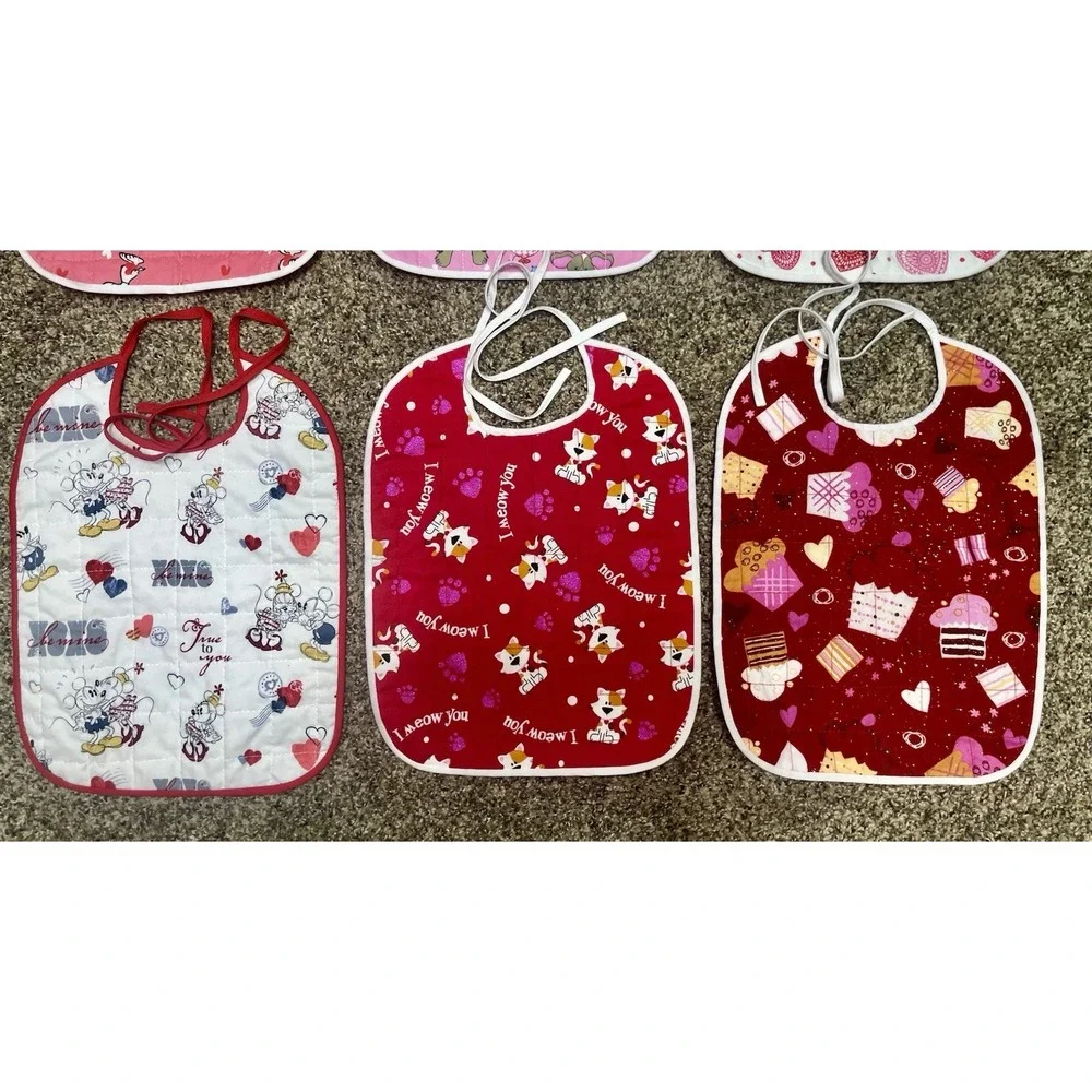 Lot Of 6 Quilted Handmade Valentine's Day Baby Bibs Large Size 12